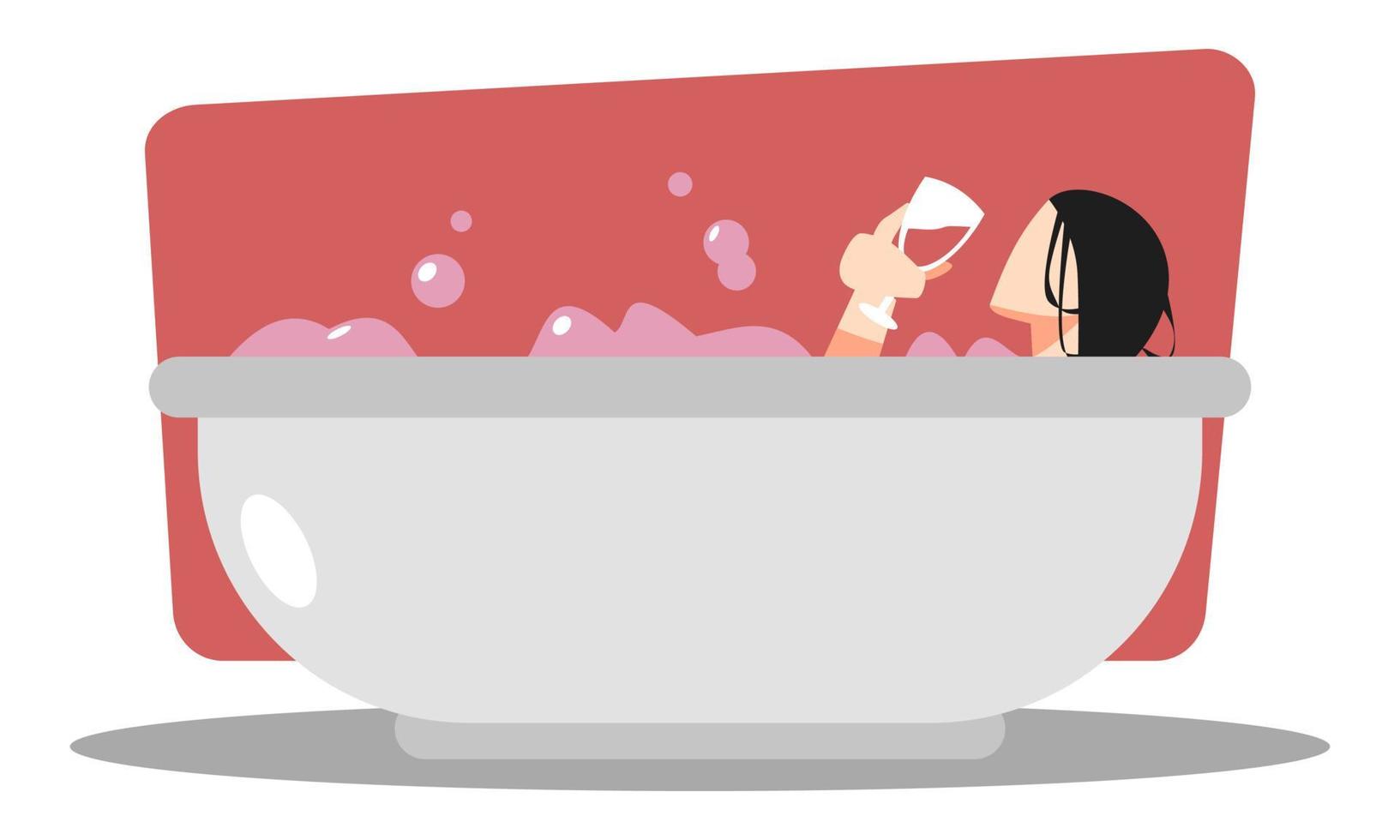 mujer sumergida en la bañera y bebiendo vino. bañera. jabón. adecuado para temas de mujeres, limpieza, relajación. ilustración vectorial plana vector