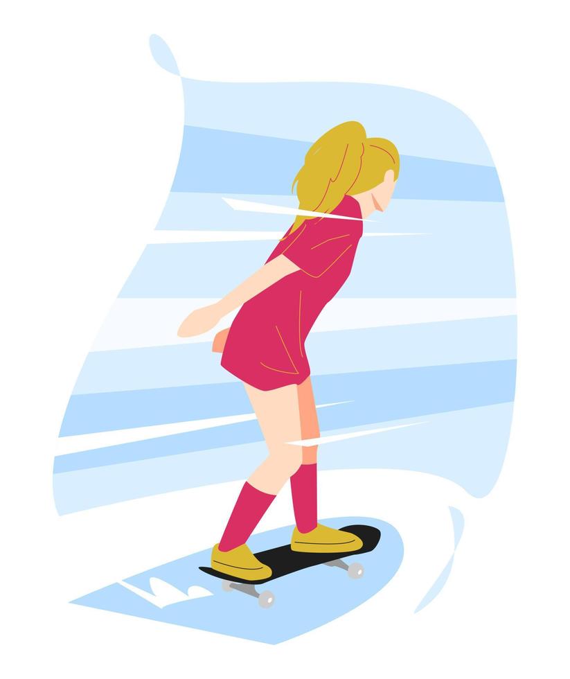 young teenage girl playing skateboard. back view. isolated blue background. vector flat illustration.