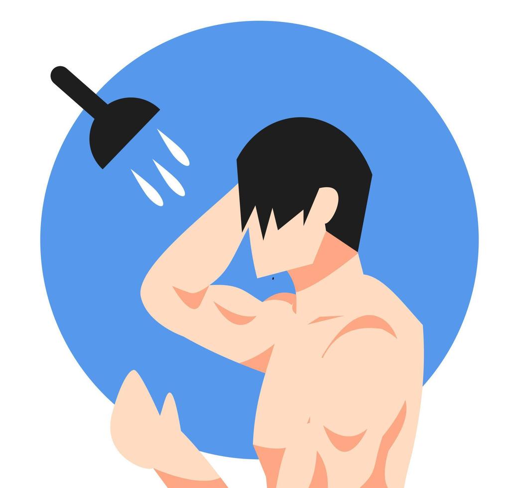 flat vector illustration of a man taking a shower in the bathroom. half body. isolated blue background. concept of cleanliness, health, activity.