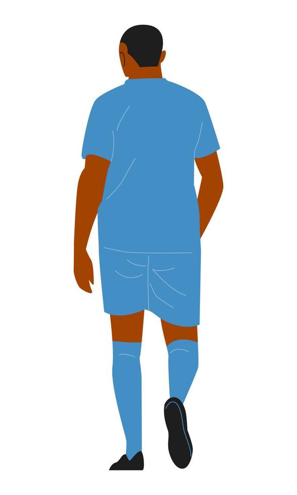 atleta de fútbol americano africano caminando. vista trasera. maillot azul, sin dorsal. fondo blanco aislado. ilustración plana vectorial vector