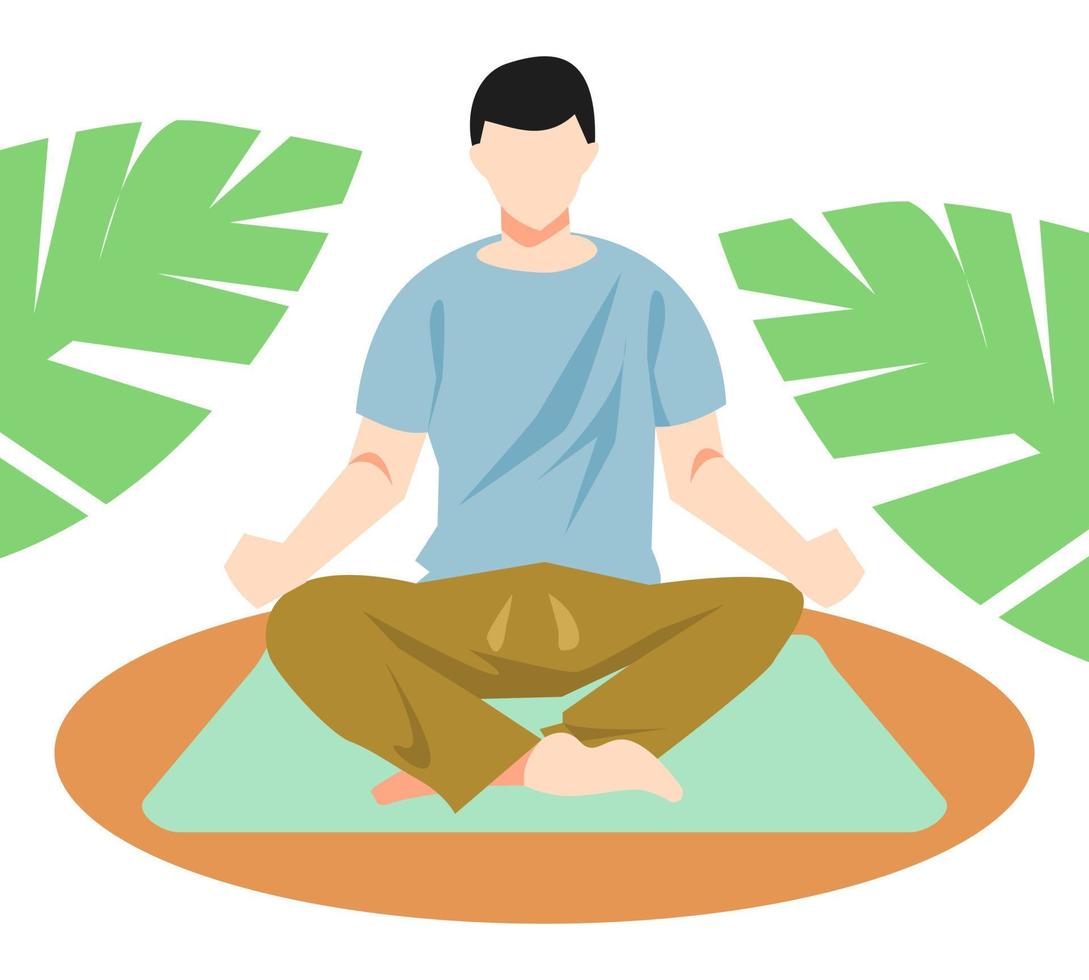 a man doing yoga on the carpet. sitting position. ornamental plant leaf background. suitable for the theme of health, lifestyle, relaxation, etc. flat vector illustration