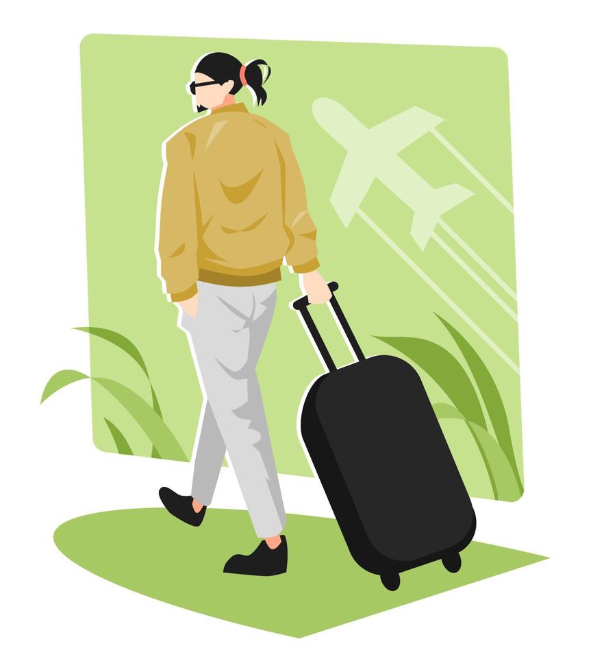 ilustración de un hombre con cabello de cola de caballo mirando hacia atrás caminando con una maleta, preparándose para viajar, vacaciones. avión volador de fondo y hojas. estilo de vector plano