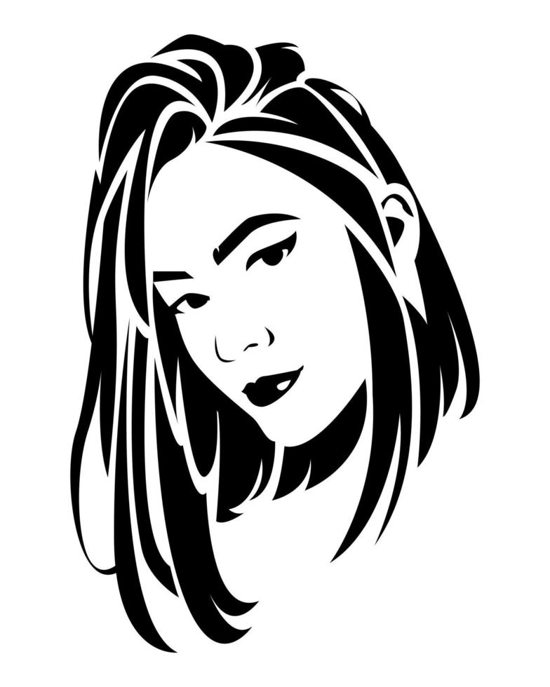 black and white illustration of a beautiful woman's face with abstract long hair. isolated white background. vector flat illustration.