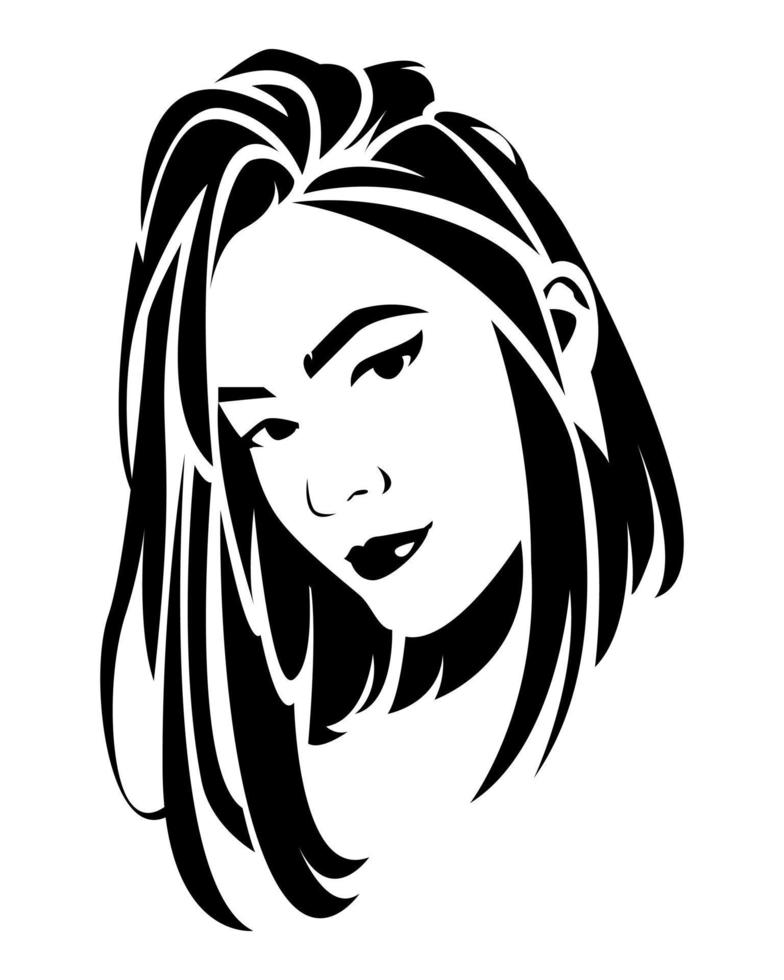 ilustración en blanco y negro de la cara de una mujer hermosa con cabello largo abstracto. fondo blanco aislado. ilustración plana vectorial. vector