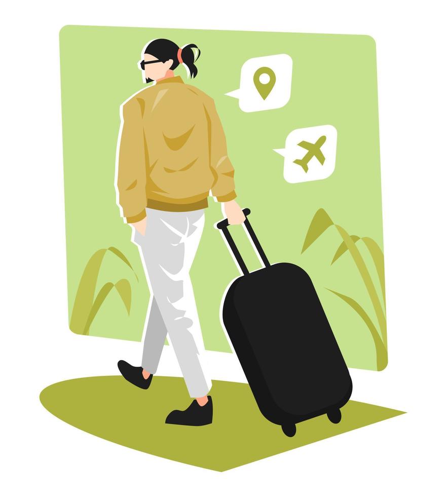 illustration of man with ponytail back view walking with suitcase, preparing to travel, vacation. airplane icon, location icon. green background and leaves. flat vector style