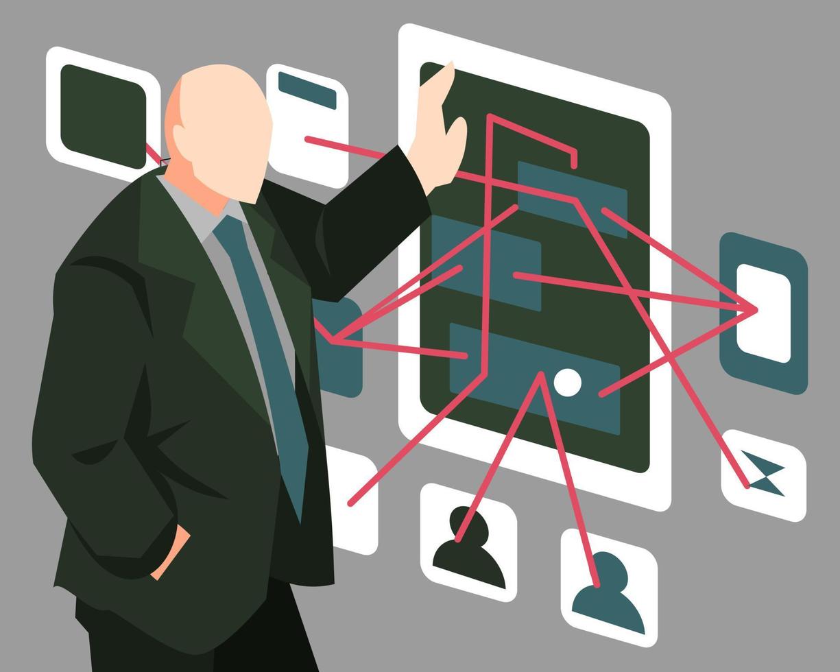 illustration of a bald-headed detective looking for ways and solutions in solving cases. crime chart board. investigation. flat vector style