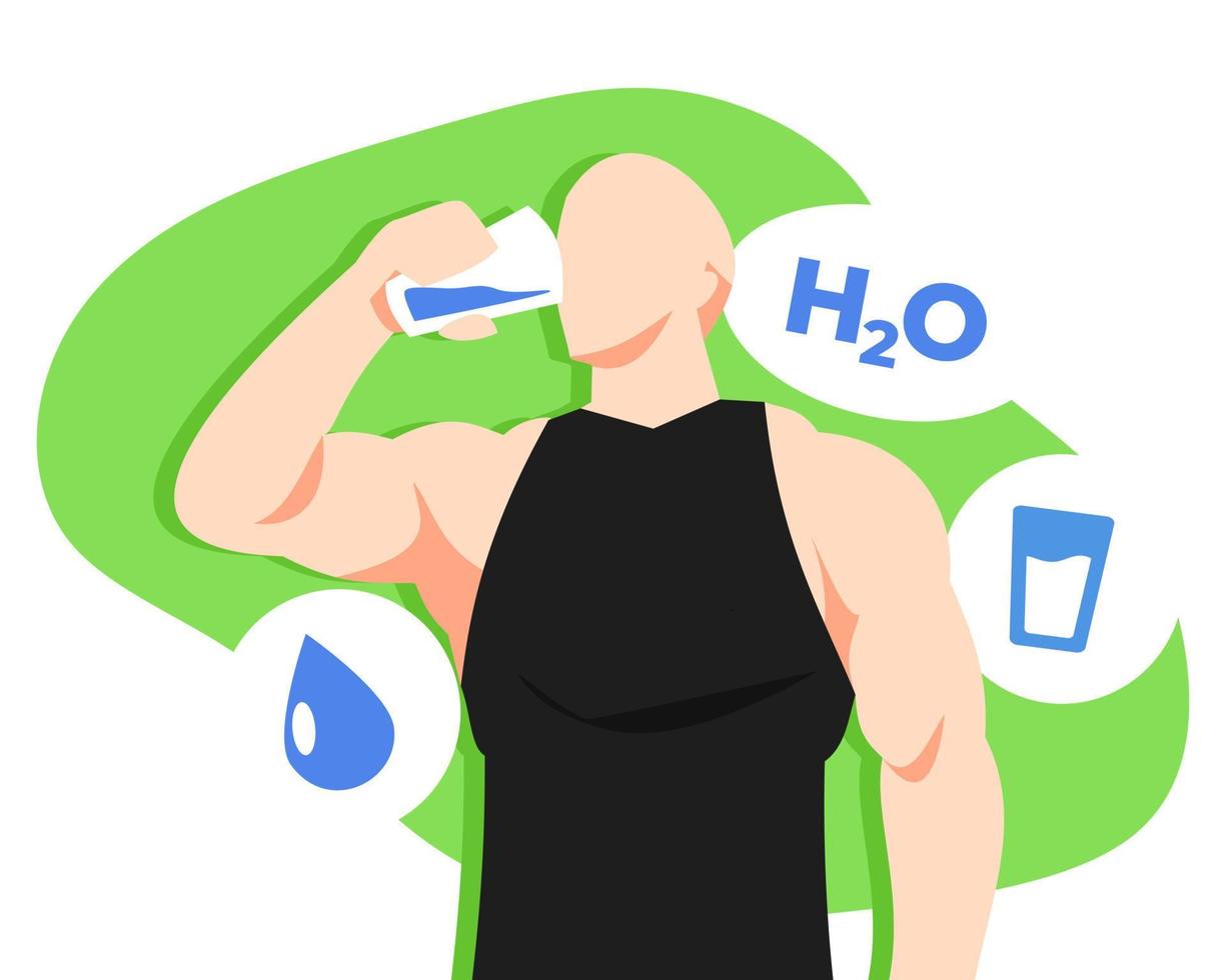 hombre musculoso bebiendo agua. equipado con icono de gota de agua, vaso de agua, h20. concepto de salud, deshidratación, ejercicio, etc. vector plano