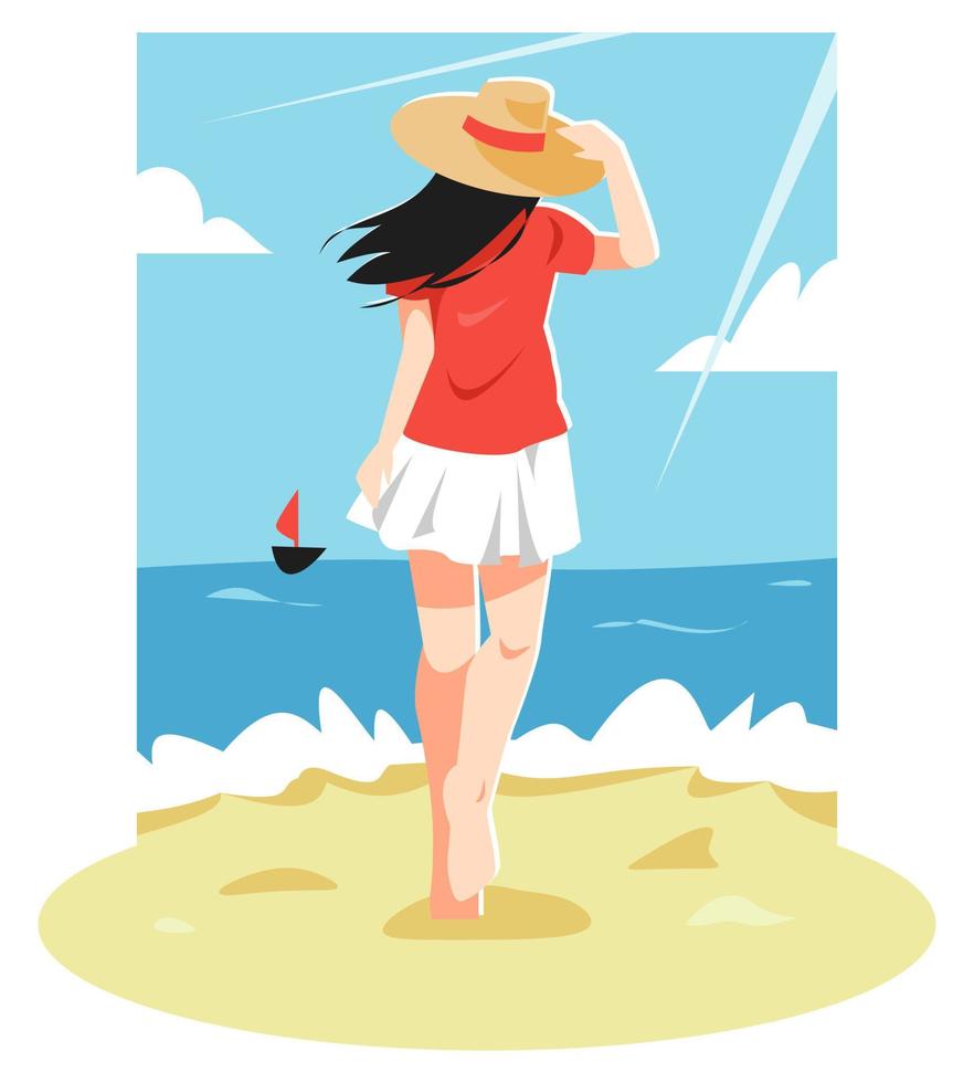 vista posterior ilustración de una chica con sombrero de playa caminando por la playa. fondo marino, velero, arena. concepto y tema de vacaciones, vacaciones, verano, etc. vector plano
