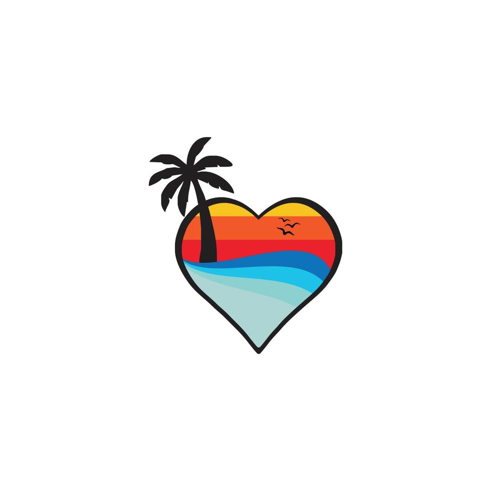 diseño del logotipo del corazón. logo palma, pájaros, playa - plantillas vectoriales. descenso en la isla con palmeras vector