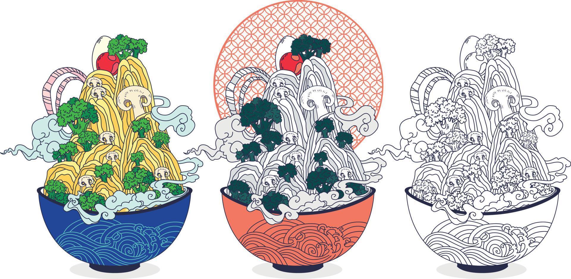 hot mountain of noodles with egg, onion and broccoli vector