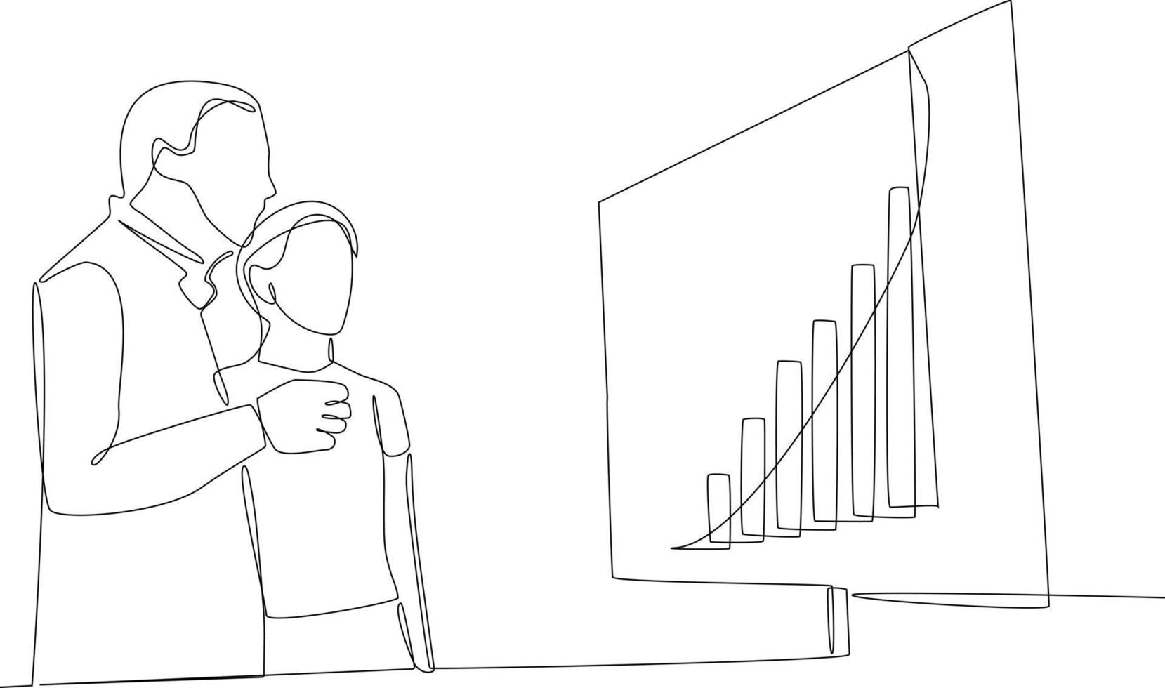 Continuous one line drawing businessman team analyzing project planning. Project planning concept. Single line draw design vector graphic illustration.
