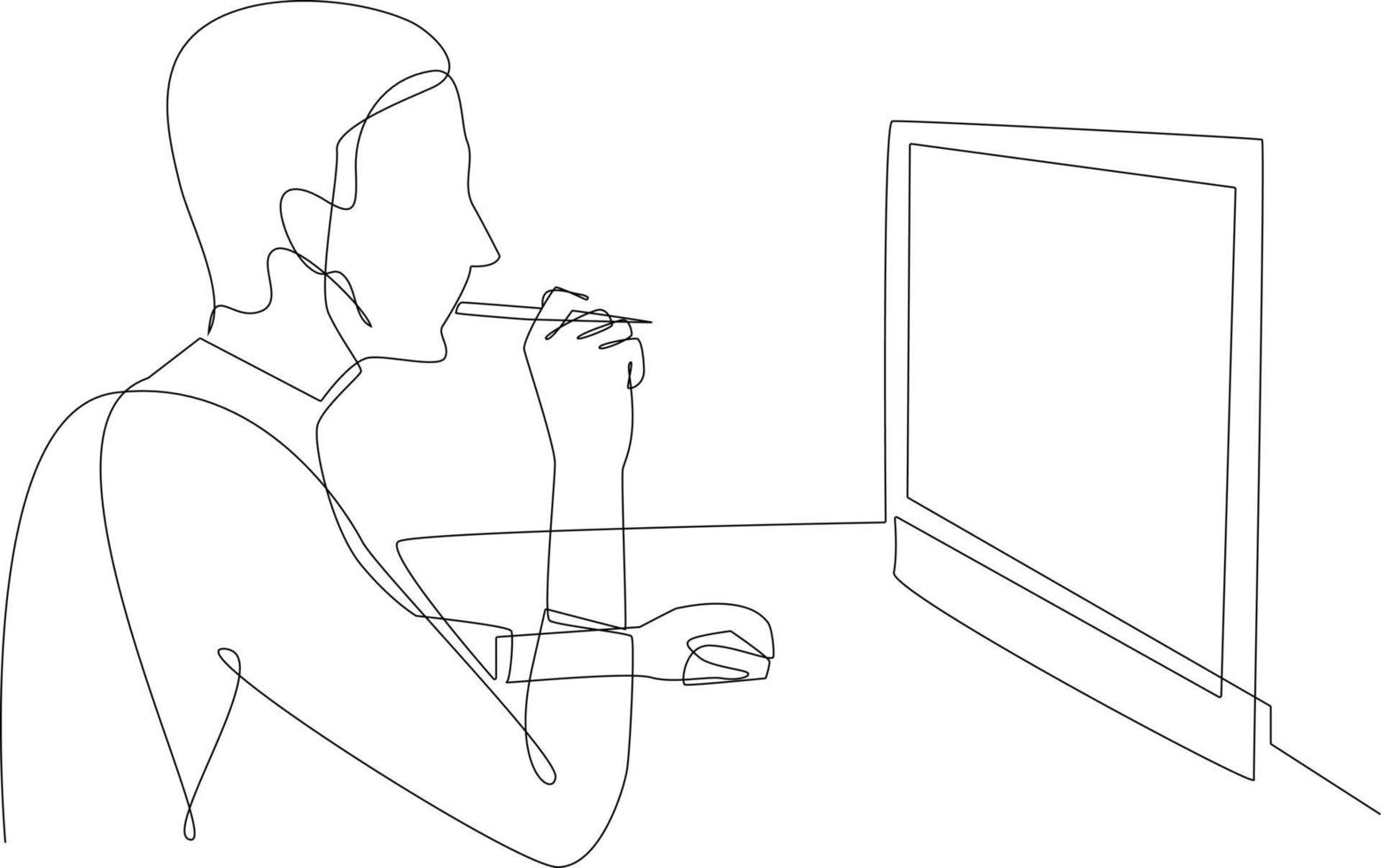 Continuous one line drawing businessman thinking project planning in front of computer. Project planning concept. Single line draw design vector graphic illustration.