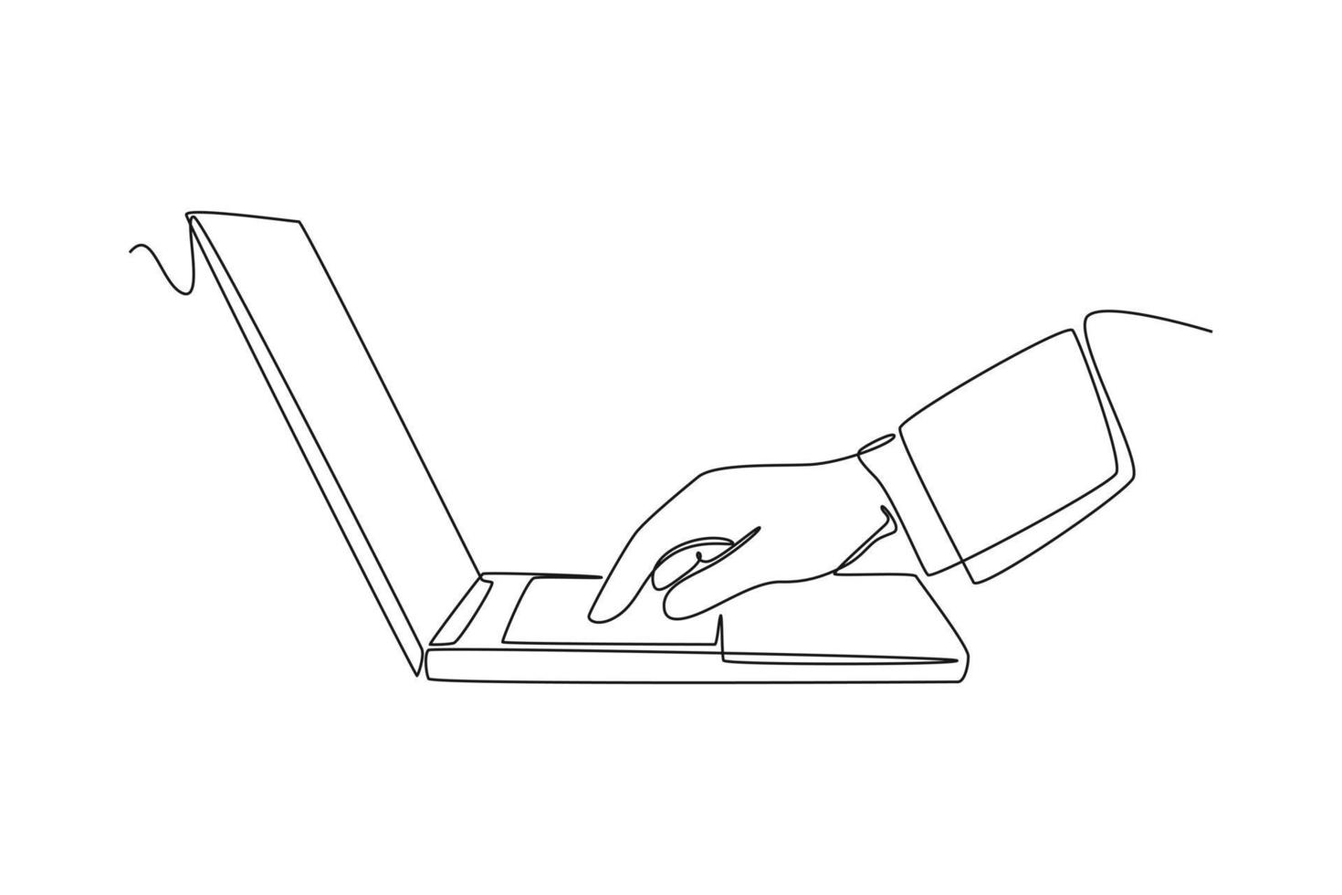 Single one line drawing Hands in work at laptop keyboard with blank monitor screen. Social media concept. Continuous line draw design graphic vector illustration.