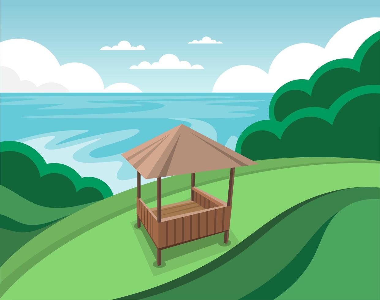 Natural landscape view of the sea from the hills and seaside huts flat design ilustrations vector