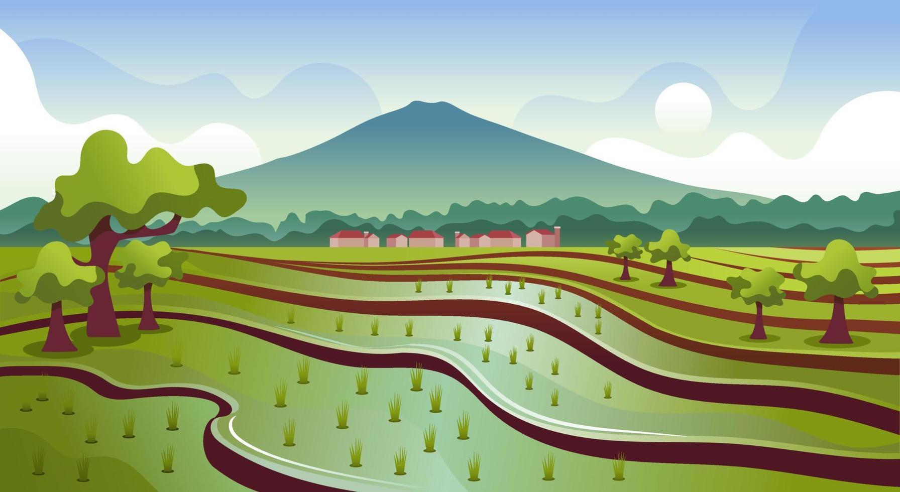 paisaje natural de montañas, campos de arroz y paisaje del cielo vector