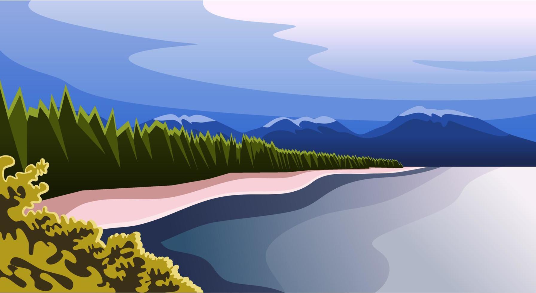 paisaje natural de la playa, bosque de pinos y montañas diseño plano vector