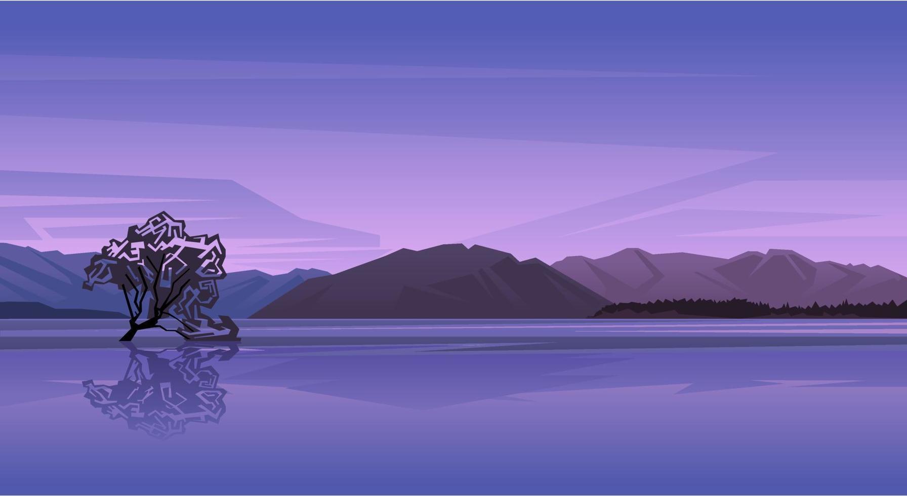 Natural landscape of lake, trees and hills, purple color background vector