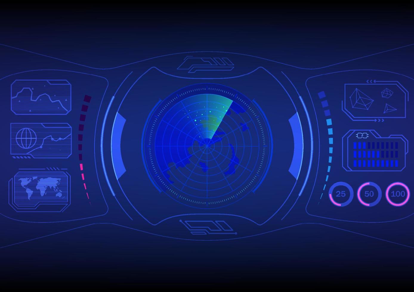 High tech abstract virtual screen. The radar scan screen in the center, the blue and red scales. Energy with a number circle There is a world map display. on a gradient background vector