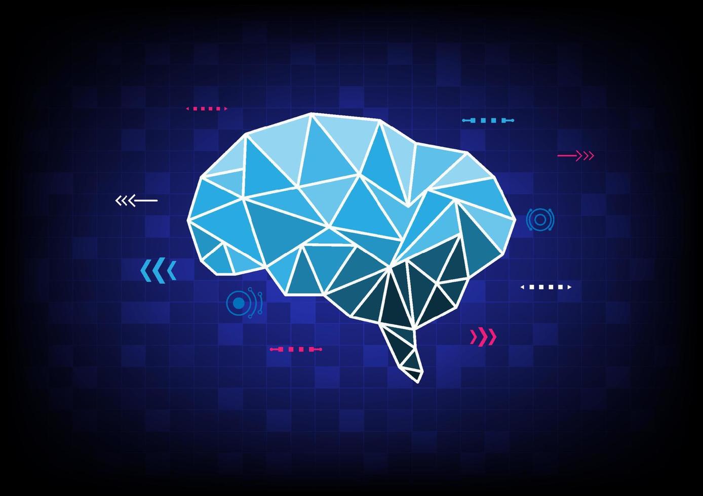 Abstract Background Technology blue polygonal brain with digital grid below and symbols with elements. The background is a bright blue gradient in the middle. vector