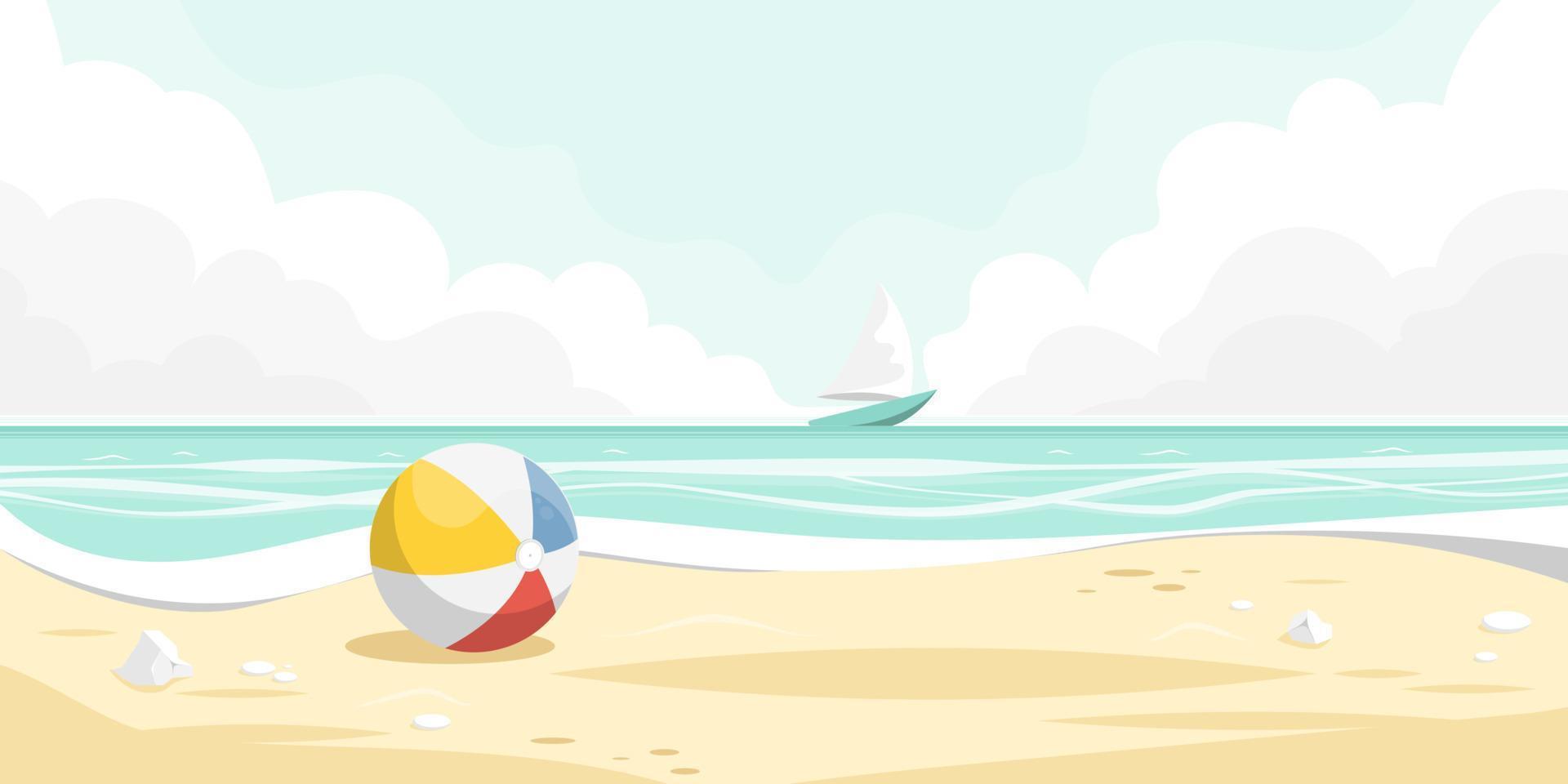Beach cartoon scene, Ball on sand beach with calm sea view, Vector illustration.