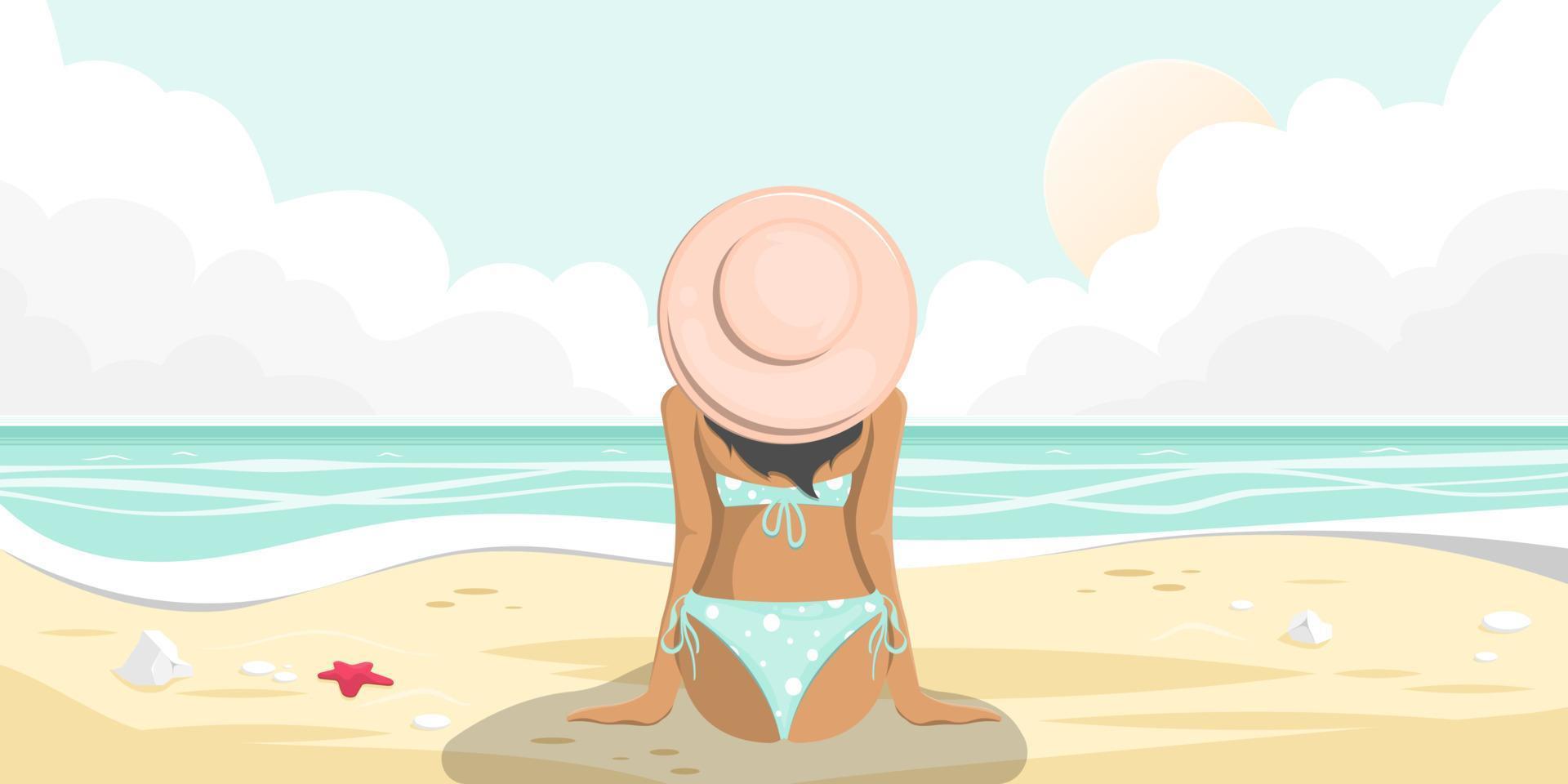 Beach cartoon scene, woman sitting on sand beach with calm sea view, Vector illustration.