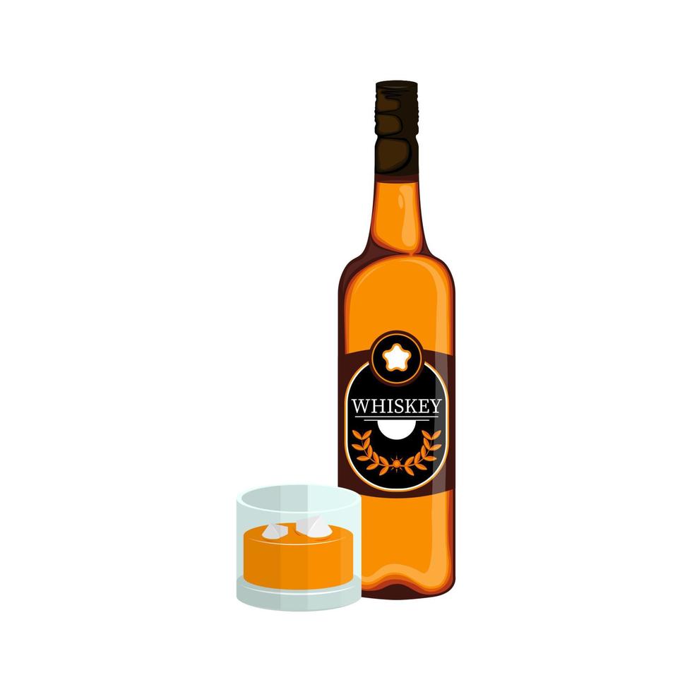 Whiskey bottle with round glass on isolated background, Vector illustration.