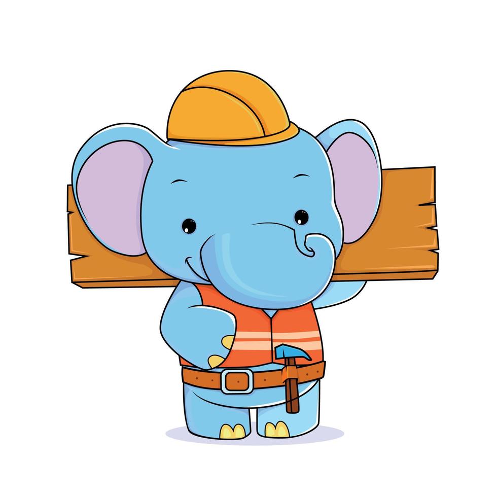 cute elephant handyman holding wood cartoon vector. vector