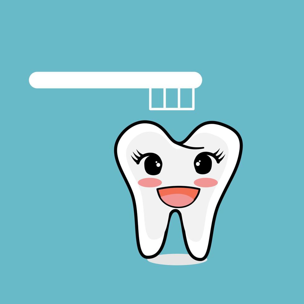 Cute tooth character with toothbrush on blue background. vector