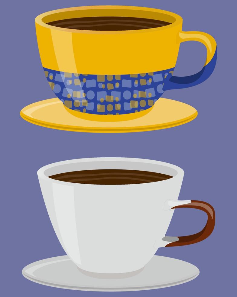 taza de té amarilla y blanca ambientada en un estilo realista. taza de porcelana con café caliente. Ilustración de vector colorido aislado sobre fondo blanco.