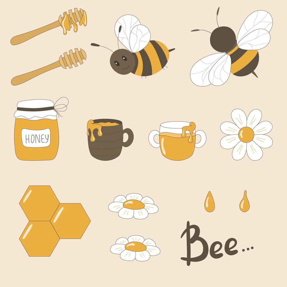 Vector illustration set of pictures of bees, honey, honey spoon, barrel and mug with honey, chamomiles.