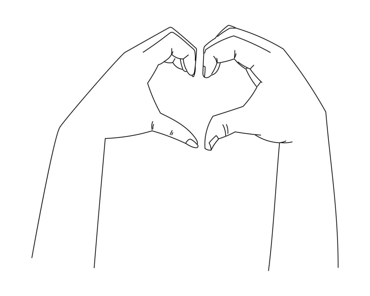 Hands making heart shape with fingers, vector isolated line illustration.