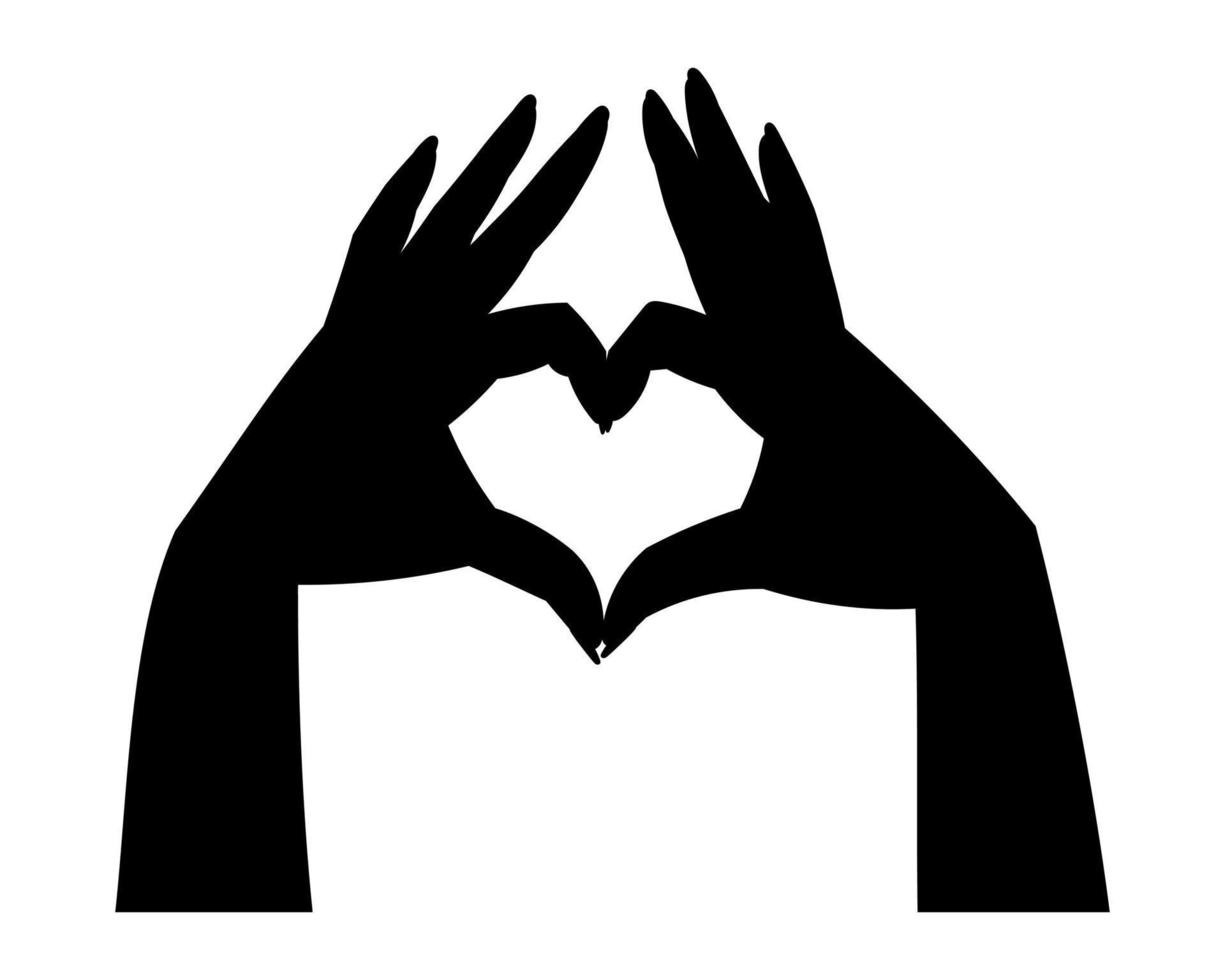 Outline female hands making heart shape with fingers, vector isolated black illustration.