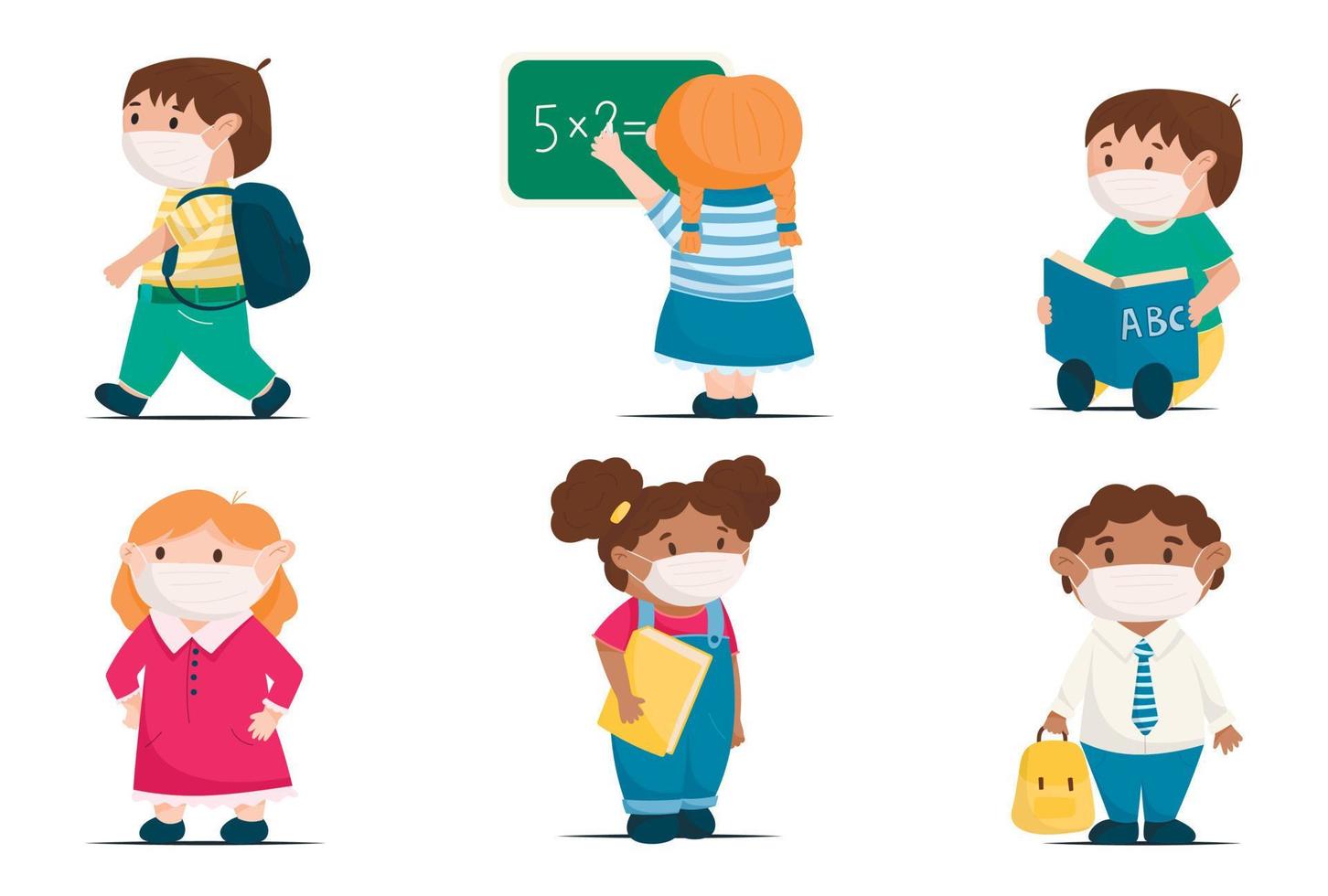 Cartoon vector set of cute children, school kids going back to school. Smiling pupils with books and backpacks. New normal.