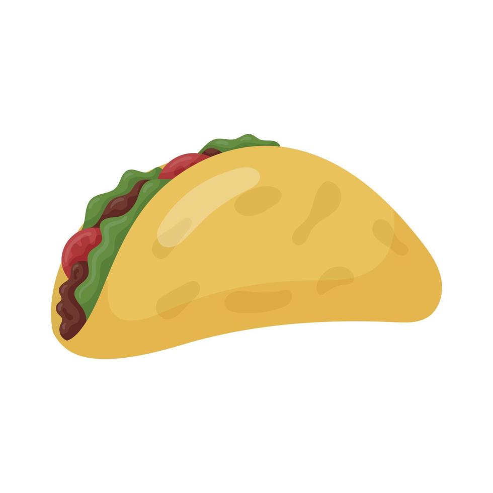 Vector illustration of mexican taco in tortilla with vegetables. Spicy food isolated on white.