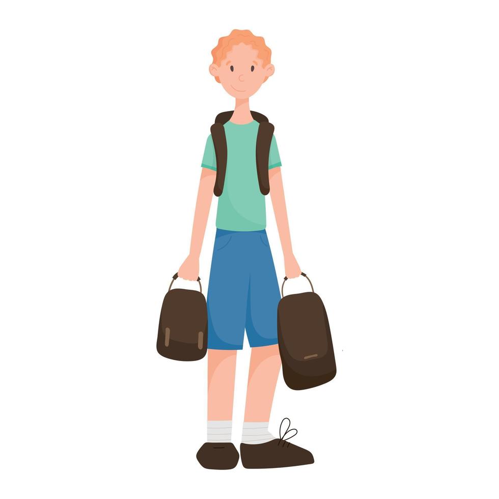 Vector isolated cartoon illustration of a male traveler with a backpack and bags.