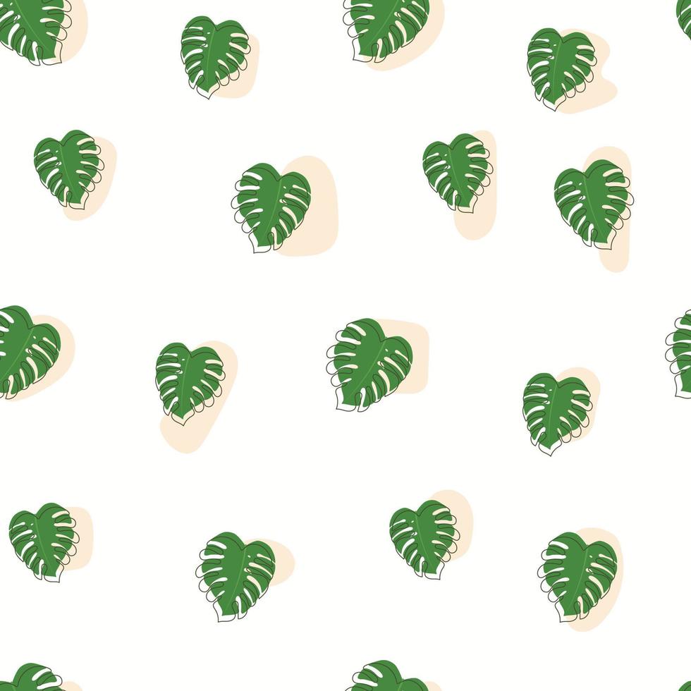 Vector illustration of trendy green monstera leaves seamless pattern with doodle outline.