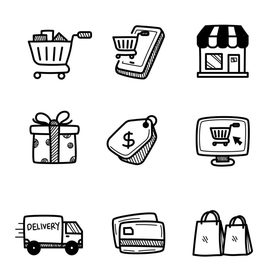 Set of e-commerce icons with cute doodle style isolated on white background vector