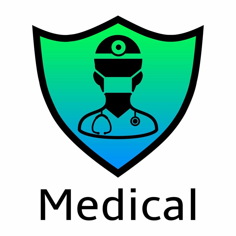 Doctor protection logo vector illustration. Doctor and shield symbol. Blue green doctor with stethoscope and mask in shielded icon. Modern medical logo design