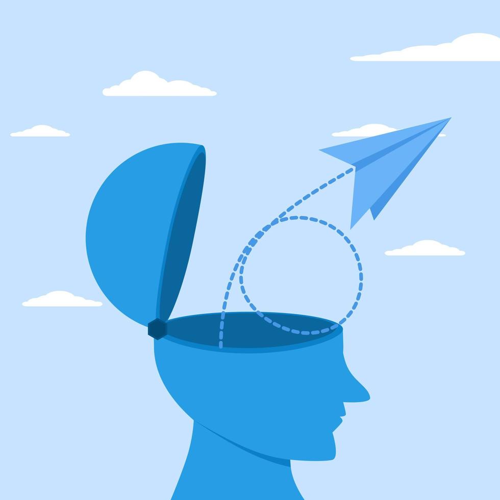 Concept Creative mindset, think for business problem concept solution, emotional intelligence or passion for success, human head with brain line as imagination to launch paper airplane to cloud vector