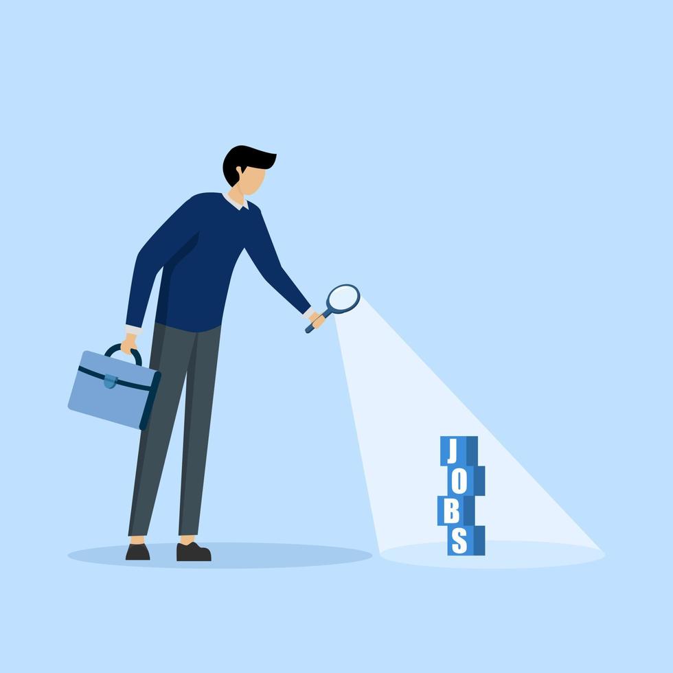 Concept Looking for job, recruitment or opportunity of candidate to find job and right employer, smart unemployed entrepreneur using magnifying glass to see pile of boxes with word Job. vector