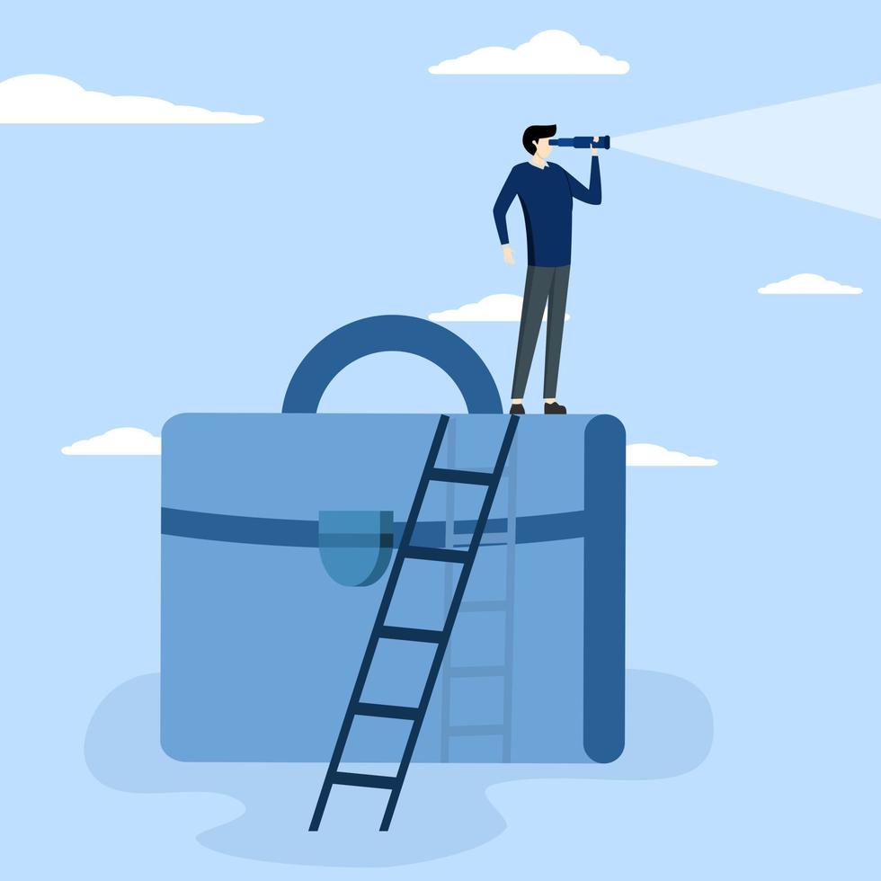 Career future concept, hope for successful job or career search, job promotion or business strategy, ambition to seek job opportunities, businessman climbing suitcase looking through binoculars. vector