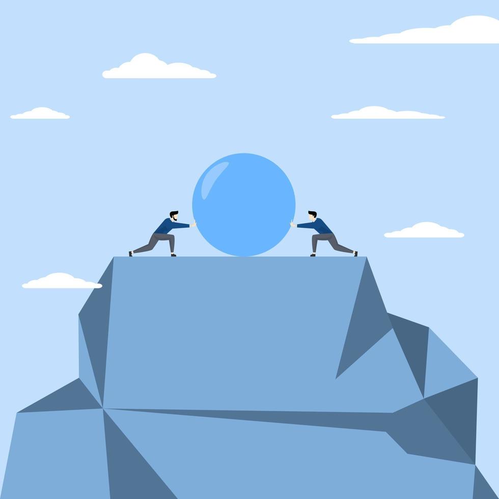Business competition concept, knocking over each other, Leadership competition between two businessmen pushing each other big stone to eliminate competition vector