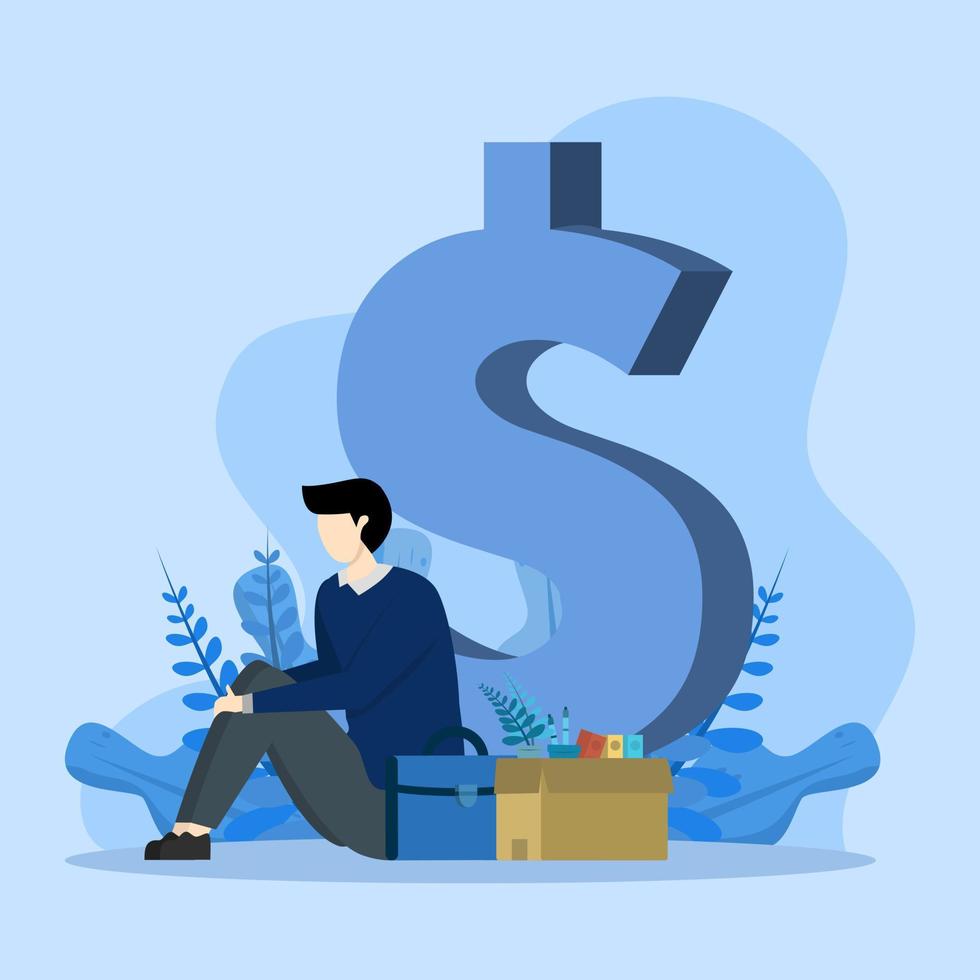 Concept of unemployment causing financial problems, debt or bankrupt office worker, no income to pay mortgage or bank loan concept, depressed unemployed businessman sitting with big dollar bills vector