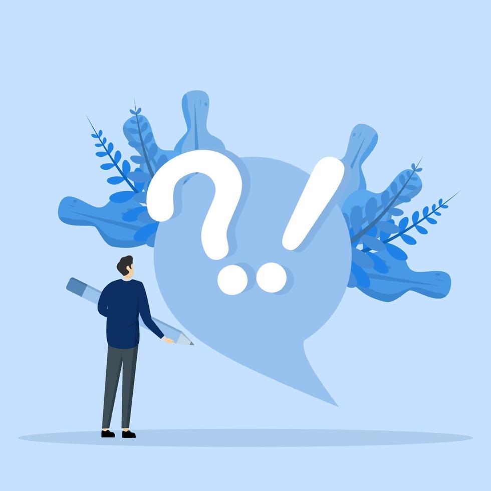 Frequently asked questions concept. People character standing near exclamation mark and question mark. men ask questions and receive answers. Flat cartoon vector icon and illustration set.