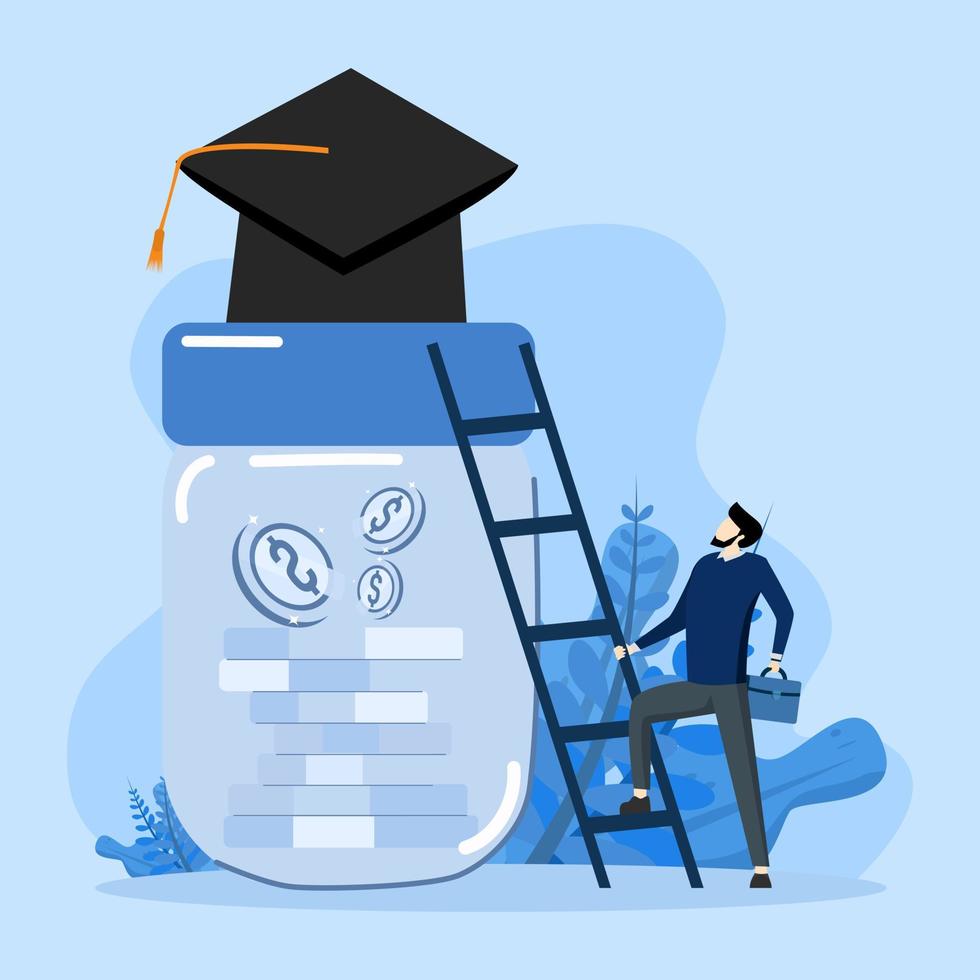 Education fund concept, costs and expenses in book, course study, savings for degree and graduation concept, young student climbing ladder to reach piggy bank wearing university graduation cap. vector