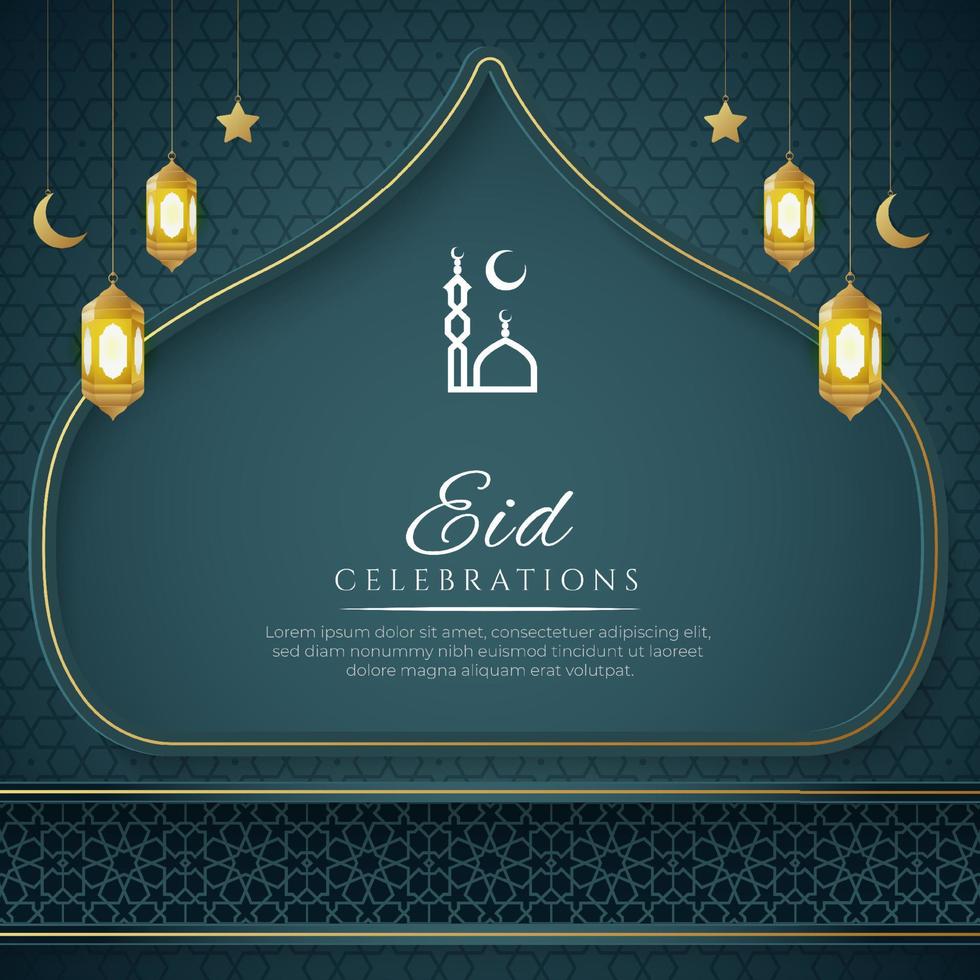 fondo de arco islámico de lujo azul eid mubarak con adornos decorativos vector