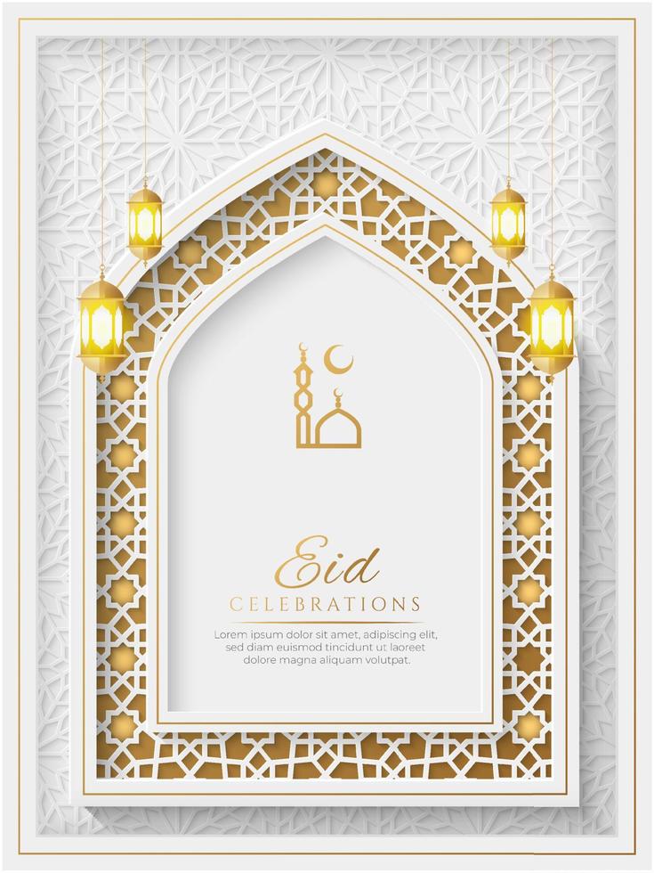 Eid Mubarak Islamic White Luxury Vertical Ornamental Backgrounds with Arabic Pattern and Decorative Arch Frame vector