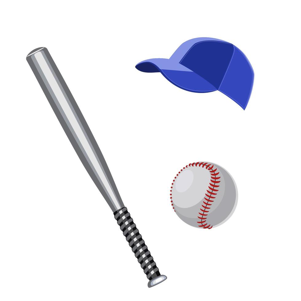 Baseball bat, ball, and cap in flat technique vector