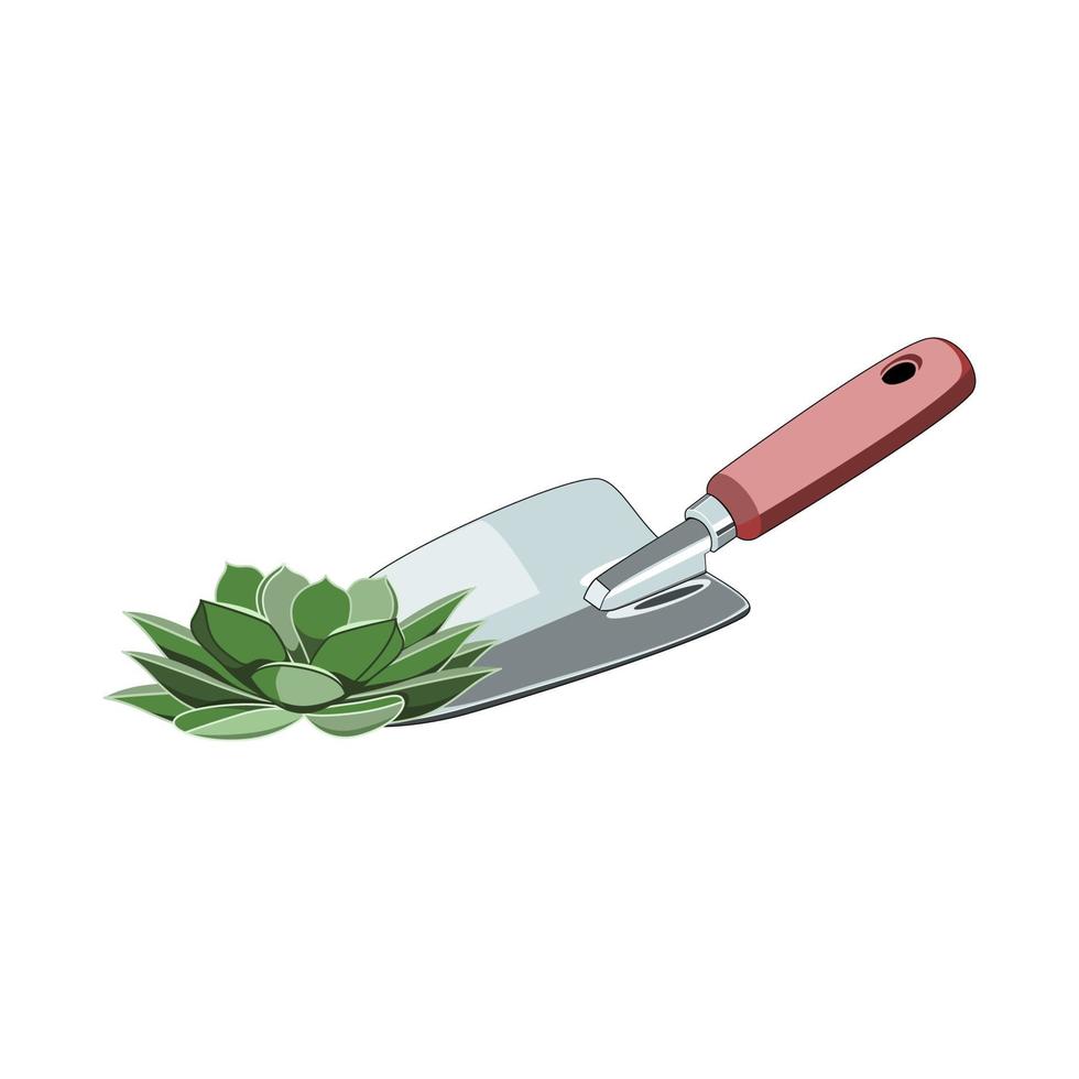 Gardening shovel with succulent in flat technique vector