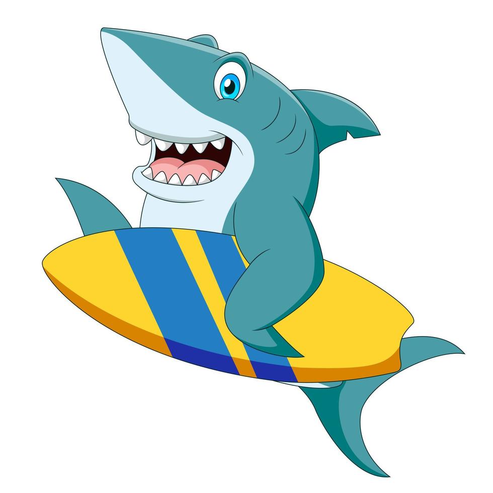 Cute shark cartoon carrying a surfboard. Cute animal illustration vector